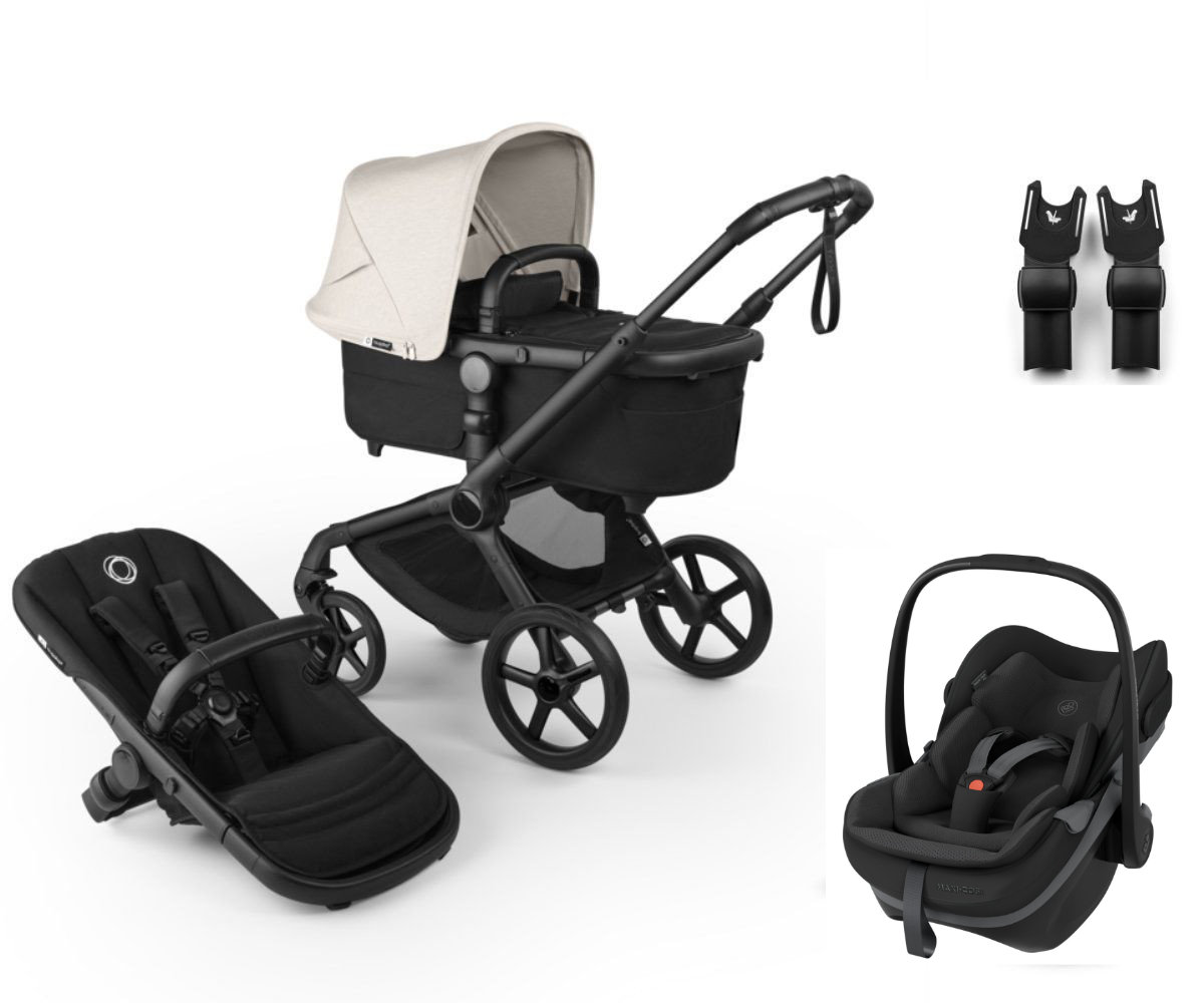 Bugaboo Fox 5 Renew Kinderwagen-Set in Schwarz und Beige - schräge Ansicht