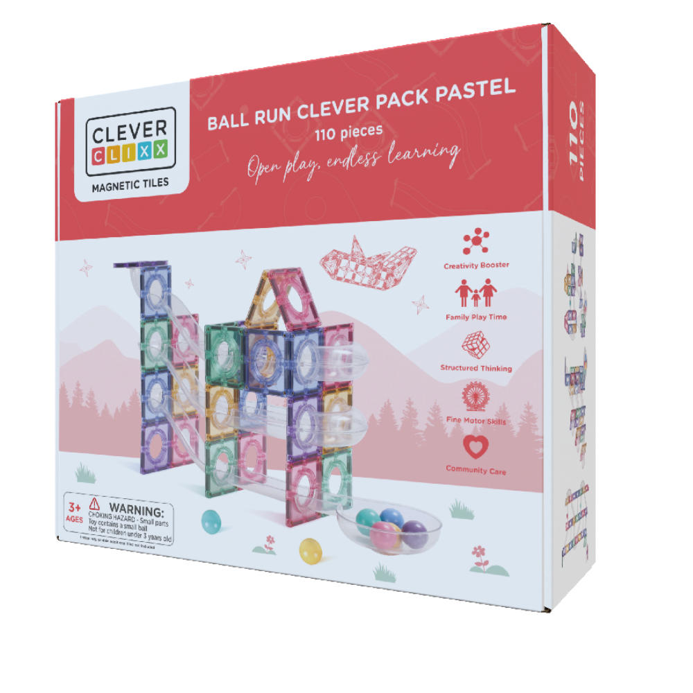 Cleverclixx Ball Run Pastel – 110 Pieces Magnetic Tiles