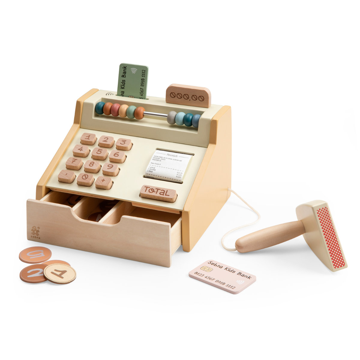 Sebra Wooden Toy Cash Register with Scanner, 100% FSC