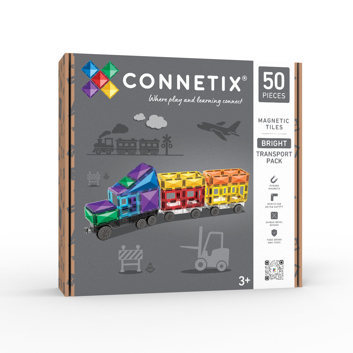 Connetix Magnetic Tiles Bright Transport Pack – 50 Pieces