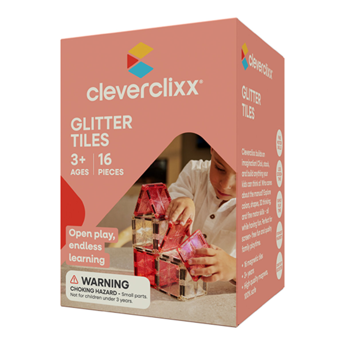 Cleverclixx Glitter Tiles Pack Transparent/Pink – 16 Pieces Magnetic Tiles