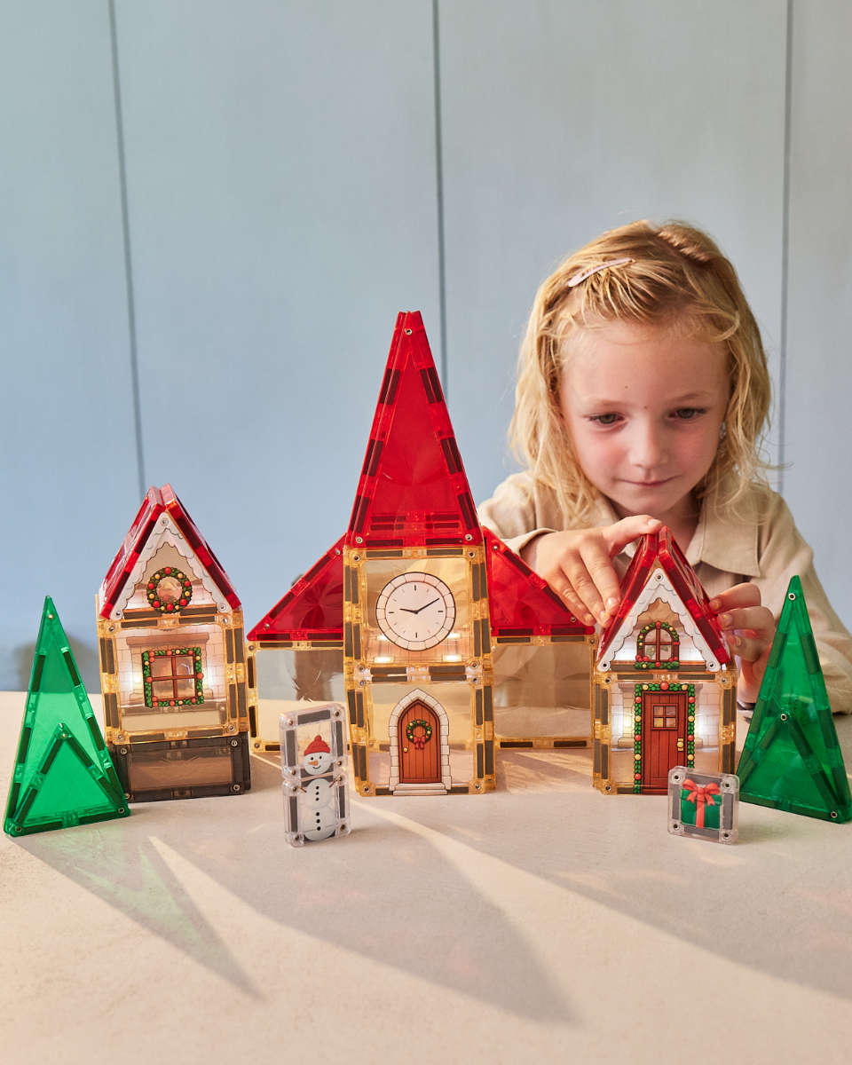 Cleverclixx Weihnachtsdorf Adventskalender Magnetbausteine mit Licht, 46 Teile