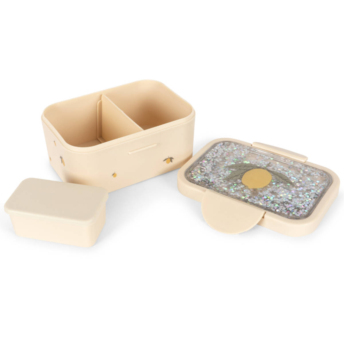 Beige Brotdose mit Glitzerdeckel - schräg von oben