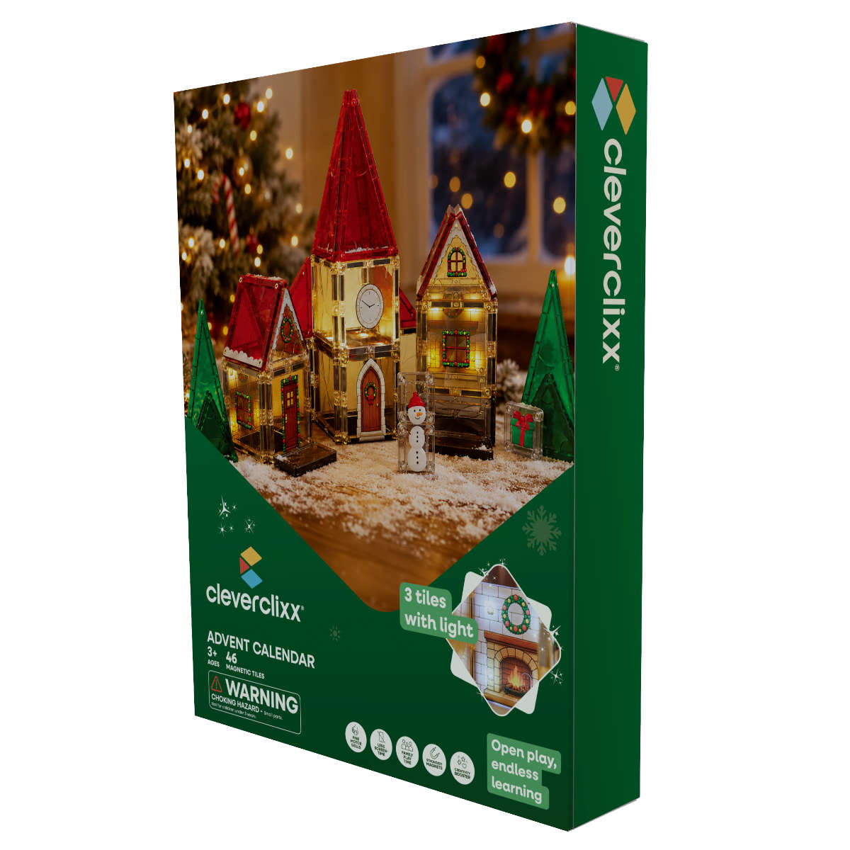 Cleverclixx Weihnachtsdorf Adventskalender Magnetbausteine mit Licht, 46 Teile