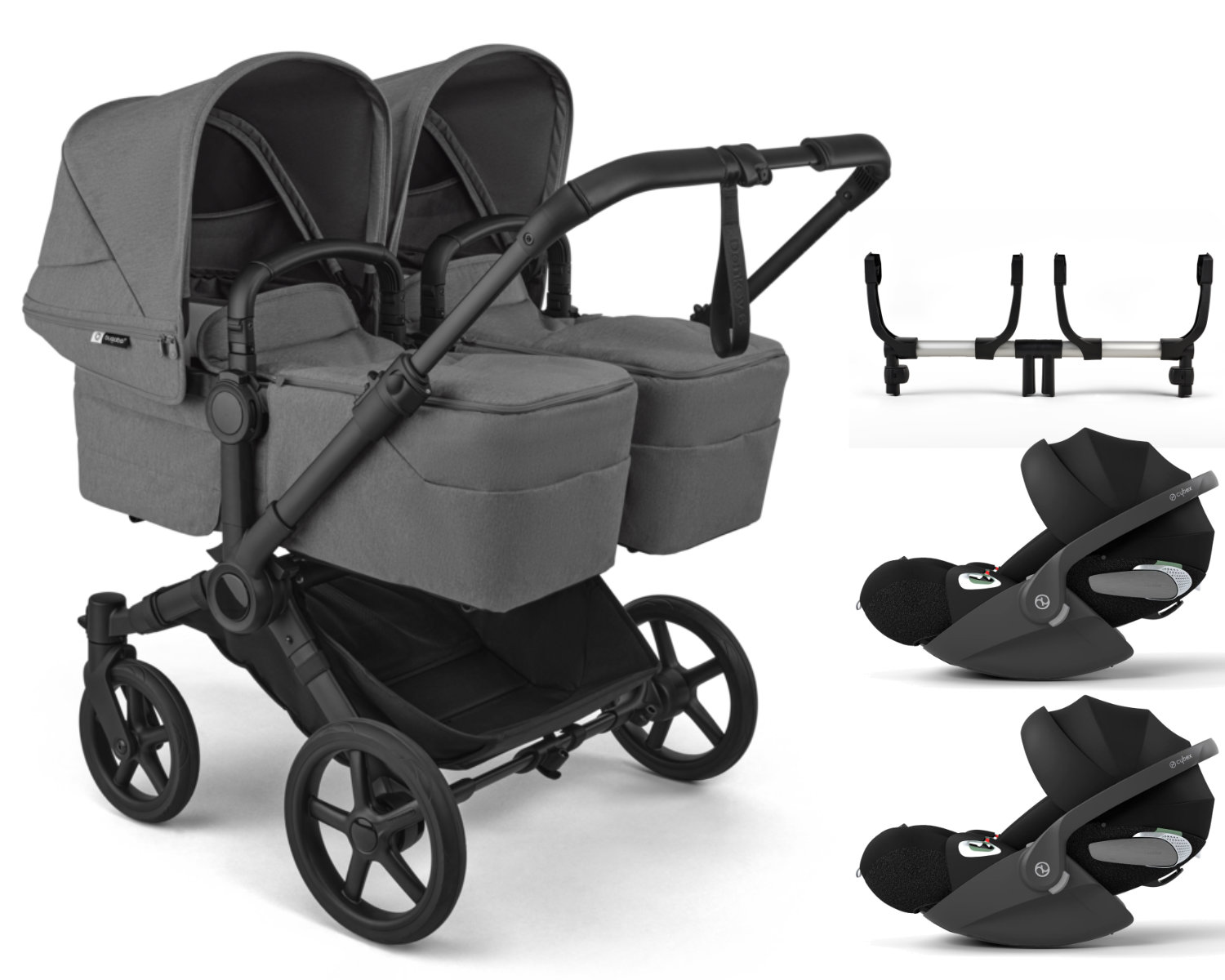 Bugaboo Donkey 6 Twin Kinderwagen Set 3 in 1 in Grau - schräge Ansicht