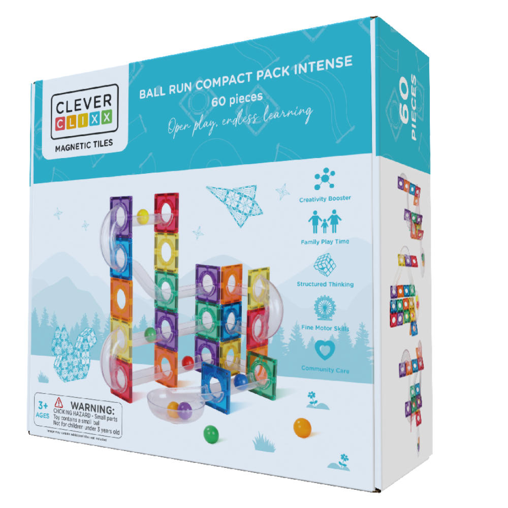 Cleverclixx Ball Run Compact – 60 Pieces Magnetic Tiles
