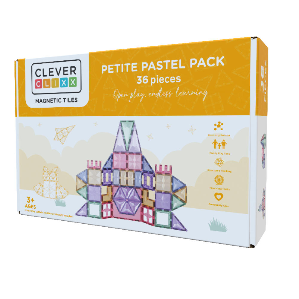 Cleverclixx Compact Set in Pastel Colors – 36 Pieces Magnetic Tiles