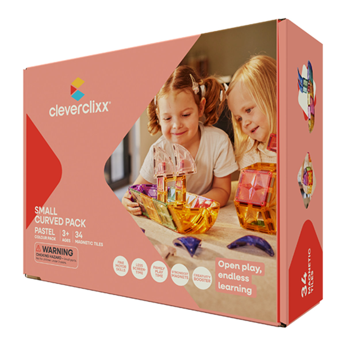 Cleverclixx Small Curved Pack Pastel – 34 Pieces Magnetic Tiles