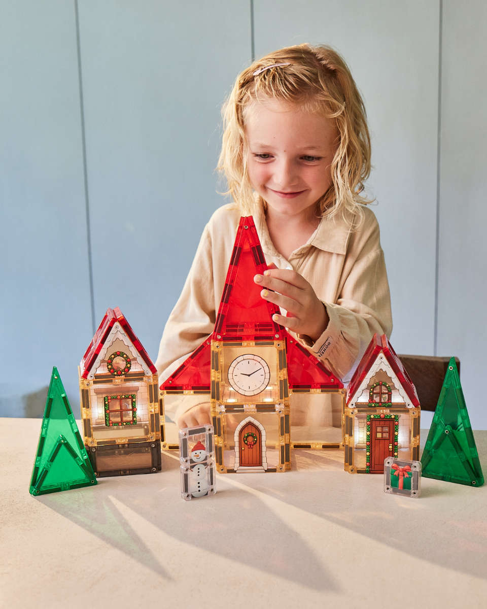 Cleverclixx Weihnachtsdorf Adventskalender Magnetbausteine mit Licht, 46 Teile