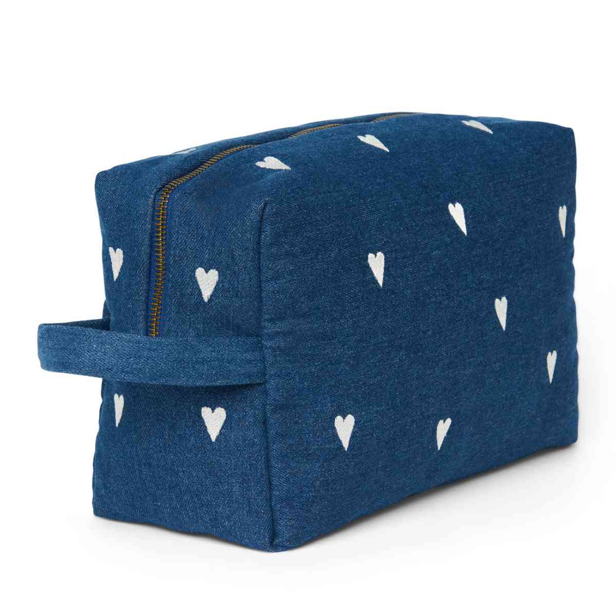 Kosmetiktasche Blau mit weißen Herzen - schräge Ansicht