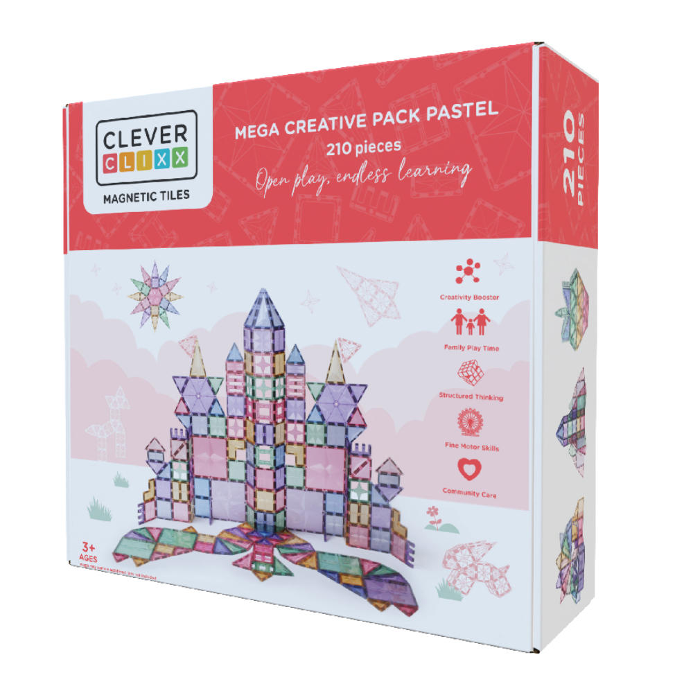 Cleverclixx Mega Creative Set in Pastel Colors – 210 Pieces Magnetic Tiles