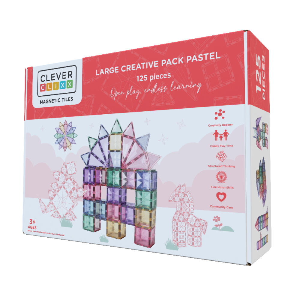 Cleverclixx Large Creative Set in Pastel Colors – 125 Pieces Magnetic Tiles