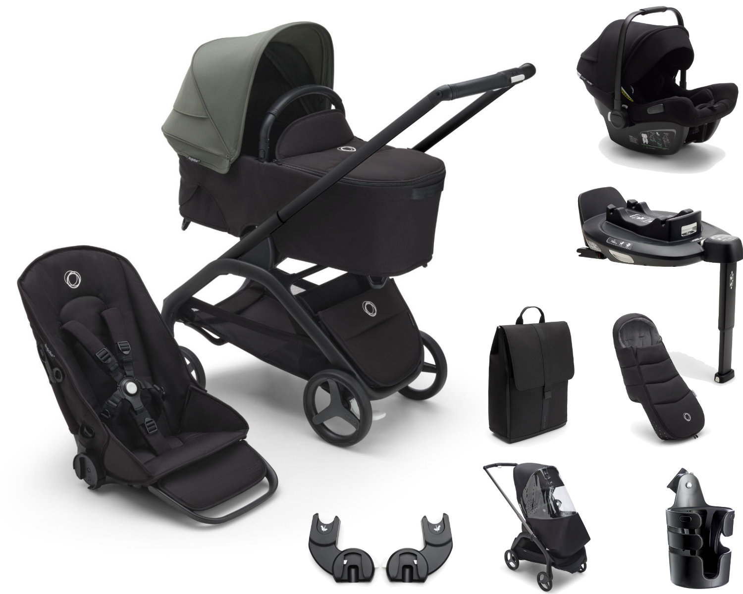 Bugaboo Dragonfly Kinderwagen Set Komplett in Schwarz - schräge Ansicht