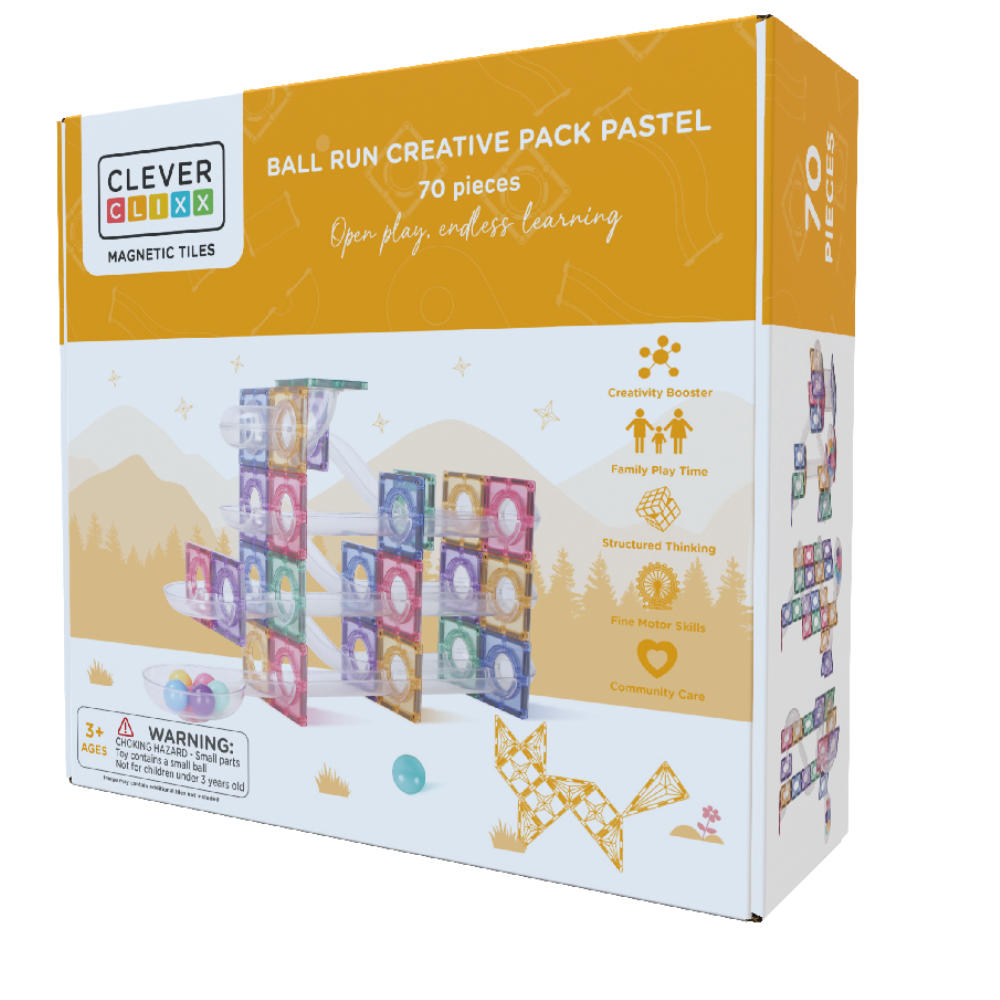 Cleverclixx Ball Run Pastel – 70 Pieces Magnetic Tiles
