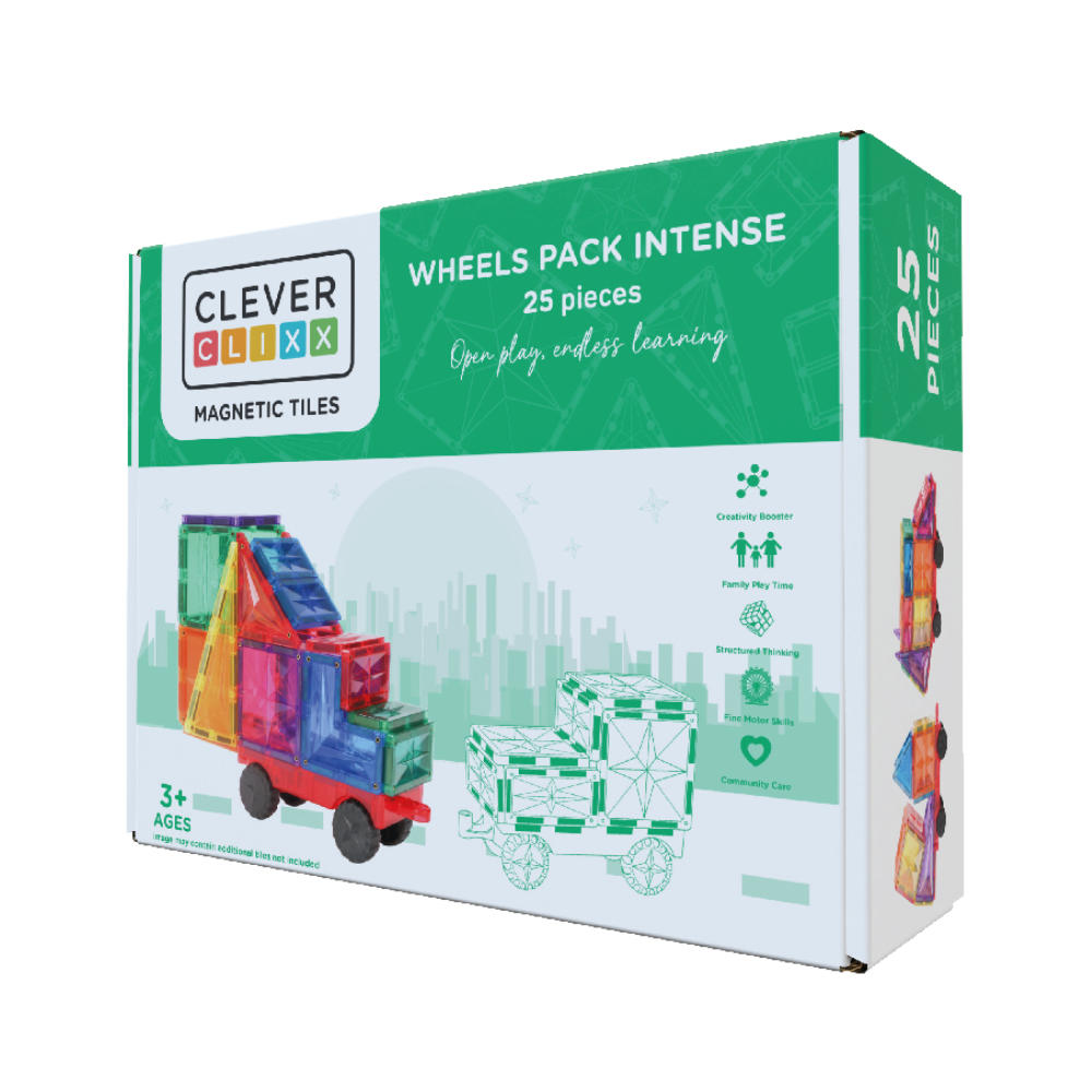 Cleverclixx Car Set in Bright Colors – 25 Pieces Magnetic Tiles