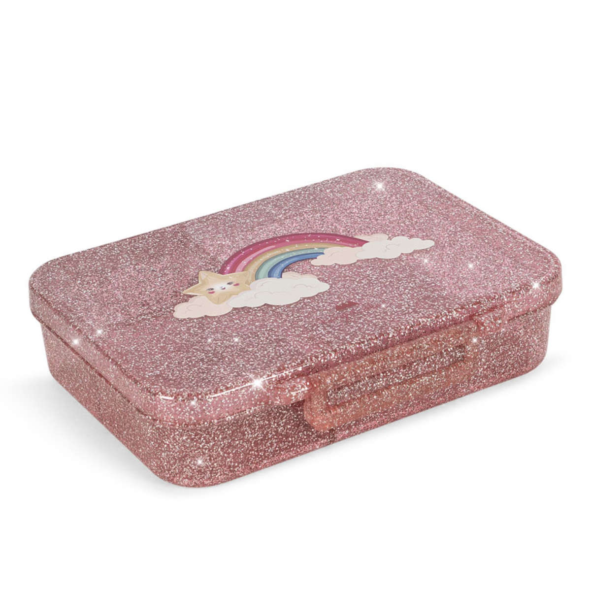 Glitzernde rosa Brotdose mit Regenbogenmotiv - schräge Ansicht