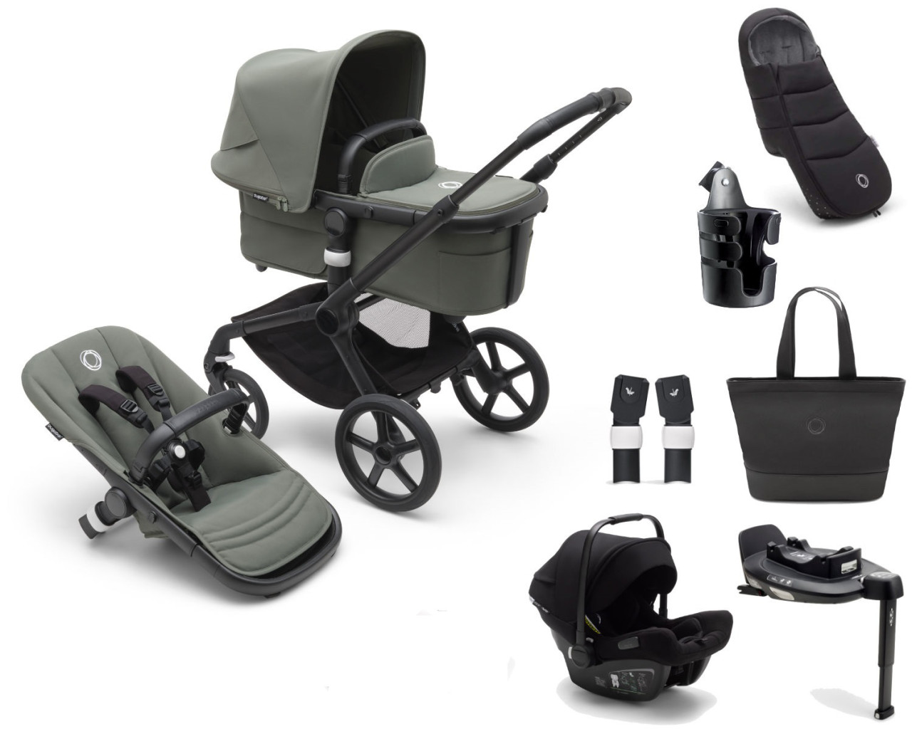 Bugaboo Fox 5 Kinderwagen Set All in One Schwarz / Wald Grün Image