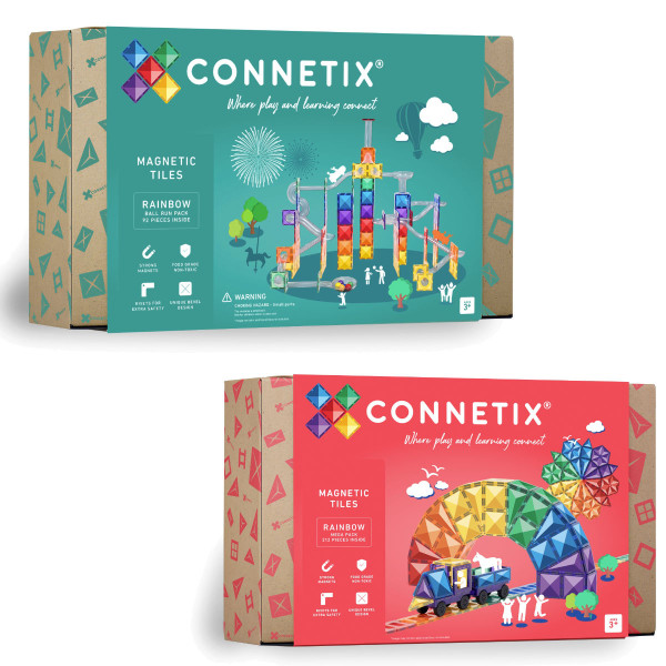 Connetix Magnetic Building Blocks Rainbow Set – Ball Run & Mega Pack - 304 Pieces