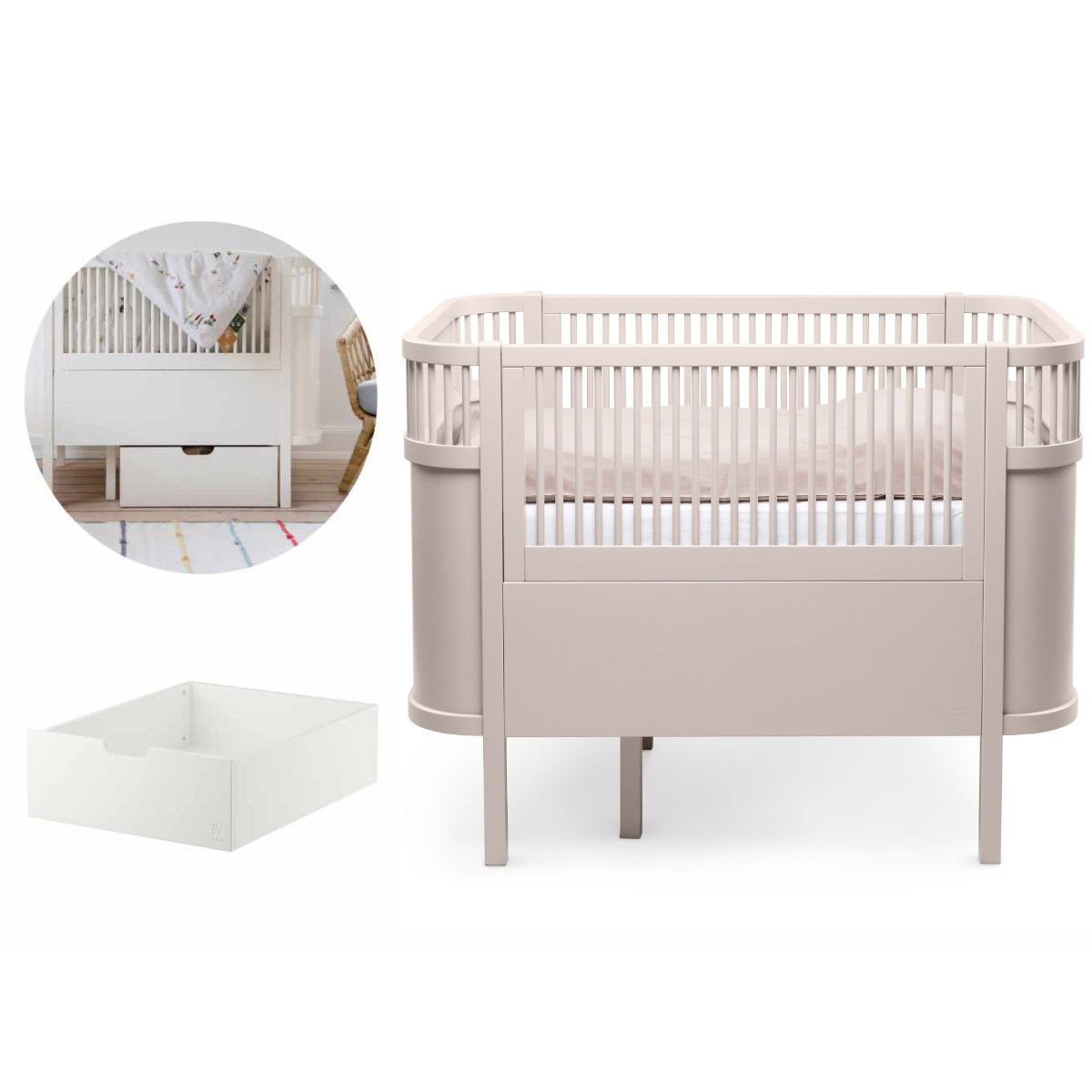 Sebra Baby & Juniorbett mit Bettschublade M-Set Birckbark Rose Image