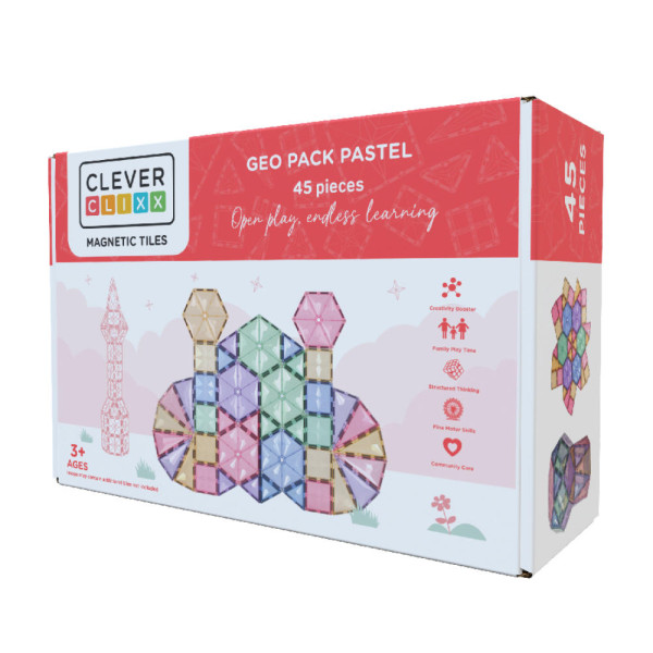 Cleverclixx Geometry Set in Pastel Colors – 45 Pieces Magnetic Tiles