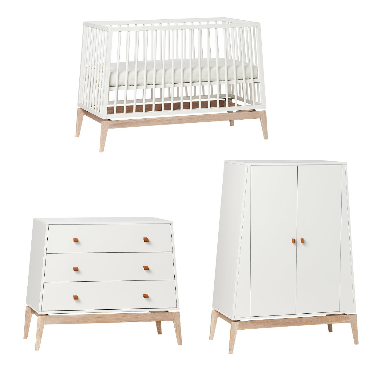 Leander Luna Kinderzimmer L-Set Kleiderschrank Klein Weiss / Eiche Babybett 120 x 60 cm Image