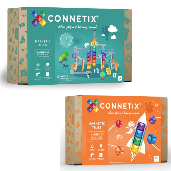 Connetix Magnetic Building Blocks Rainbow Set – Ball Run & Square Pack - 134 Pieces